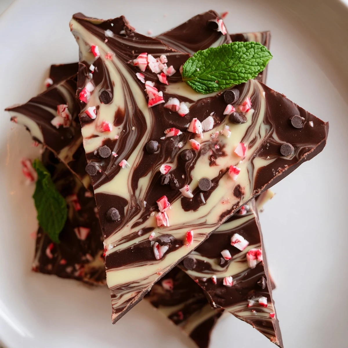 Cool mint chocolate bark pieces are arranged on a plate, ready to be served with hot cocoa or as a homemade holiday gift.  