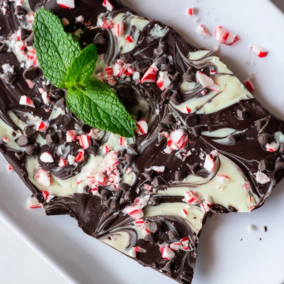 A close-up view shows the marbled dark and white chocolate texture of the mint bark, highlighted by fresh mint leaves and candy cane pieces.