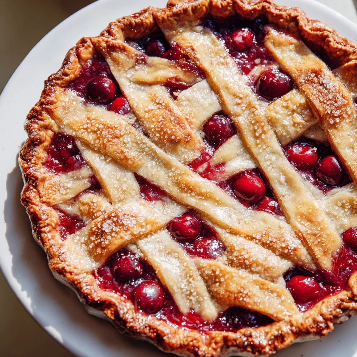 A close-up of a homemade Cherry Pie with Lattice Crust, revealing glossy red cherries peeking through a beautifully woven, buttery pastry.