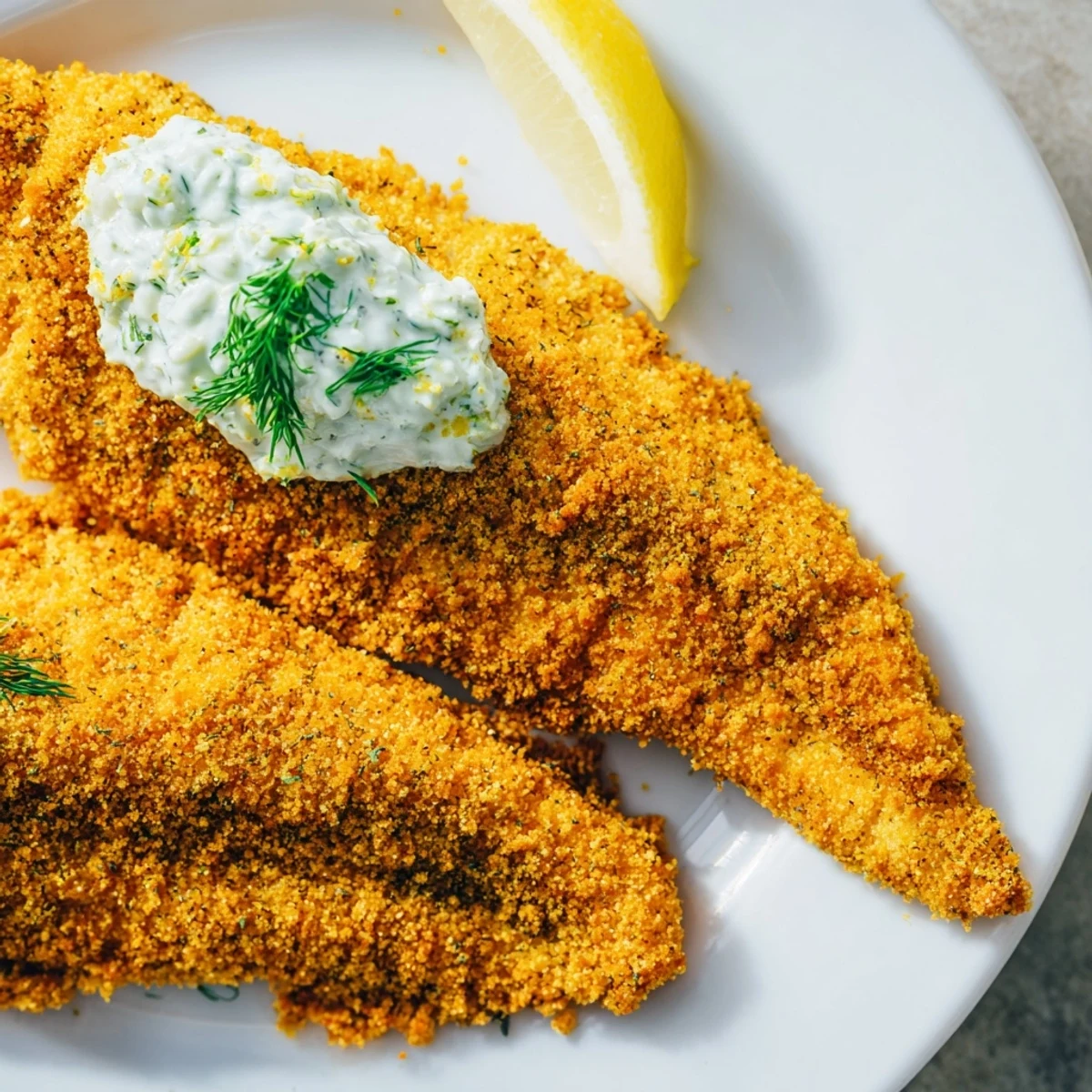 Crispy, golden-brown Louisiana Style Fried Catfish fillets, coated in Cajun spices, served alongside creamy homemade tartar sauce for dipping.
