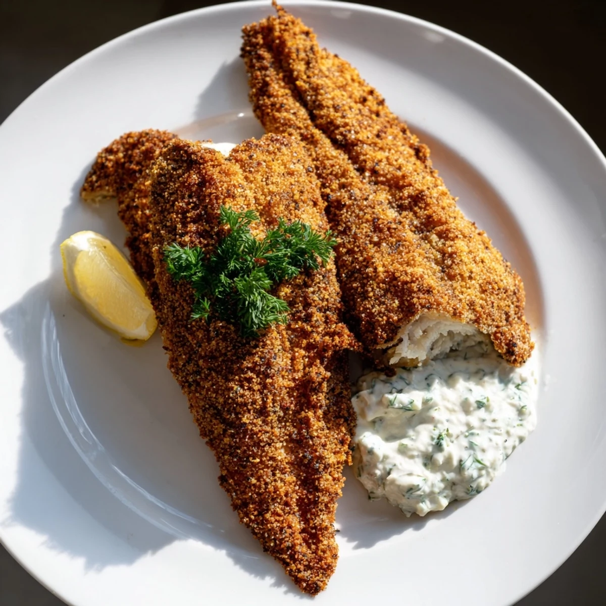 Close-up of golden Louisiana Style Fried Catfish with a crunchy cornmeal crust, paired with a tangy tartar sauce in a small bowl.