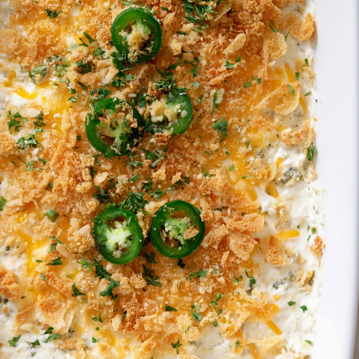 Golden-baked Jalapeño Popper Dip with cream cheese, cheddar, and a crispy panko topping, served warm with tortilla chips.