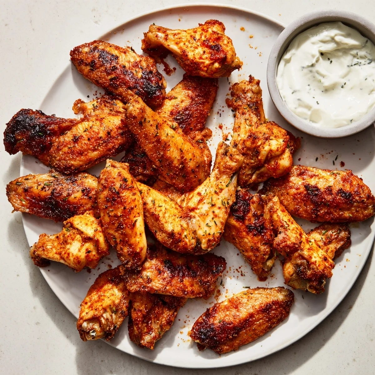 Golden-baked spicy chicken wings with ranch dressing garnished with fresh herbs on a wooden platter, perfect for game day.  