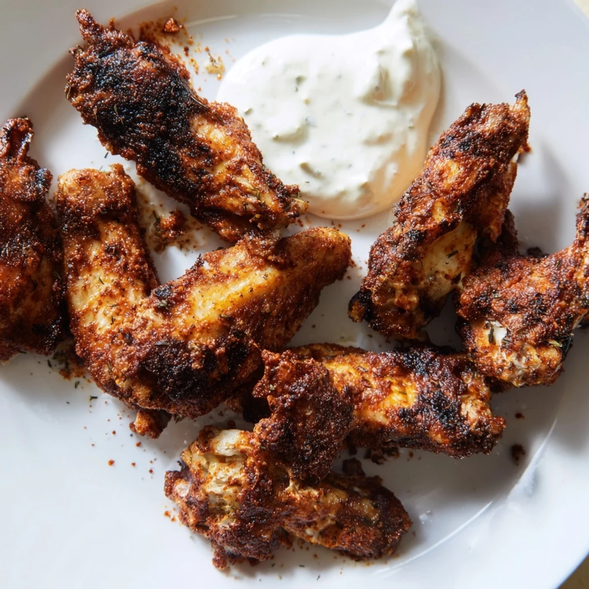 Freshly prepared spicy chicken wings tossed in a fiery spice blend, paired with cool homemade ranch dipping sauce.