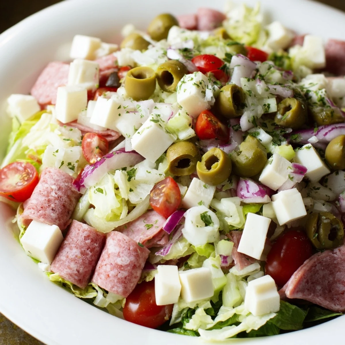Hearty New Orleans Muffuletta Salad in a bowl featuring cherry tomatoes, salami, provolone, and a zesty olive blend.  