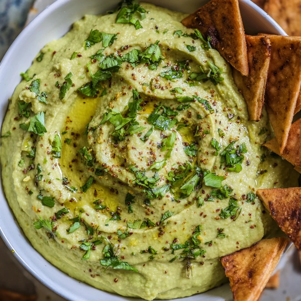 A vibrant bowl of Green Avocado Hummus topped with olive oil and herbs, served with golden baked pita chips.