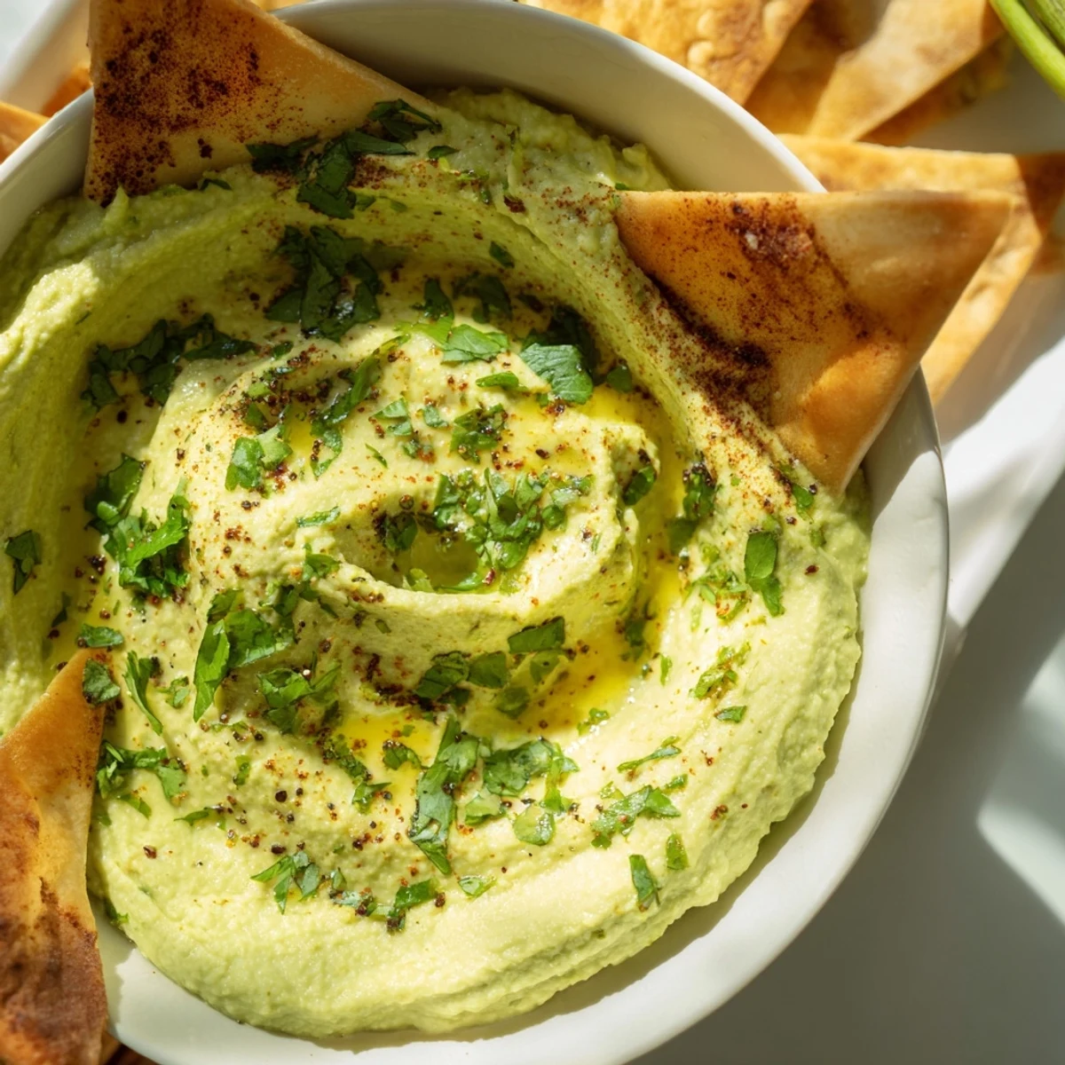 Freshly baked pita chips stand beside creamy Green Avocado Hummus, dotted with fresh cilantro and parsley.