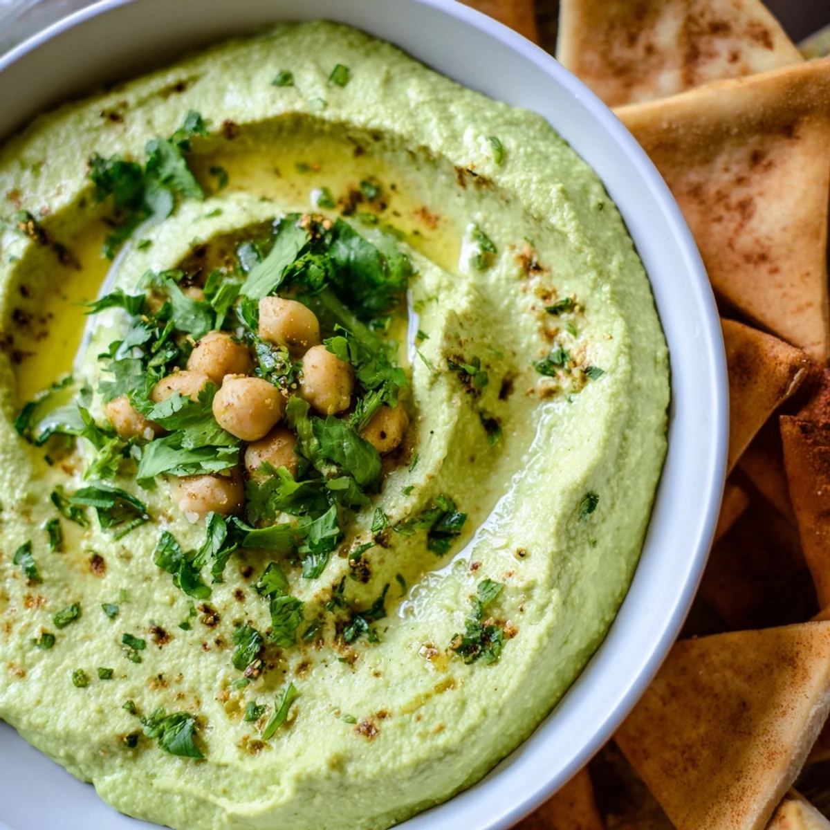 Green Avocado Hummus garnished with herbs and a lime wedge alongside crisp, oven-baked pita triangles.