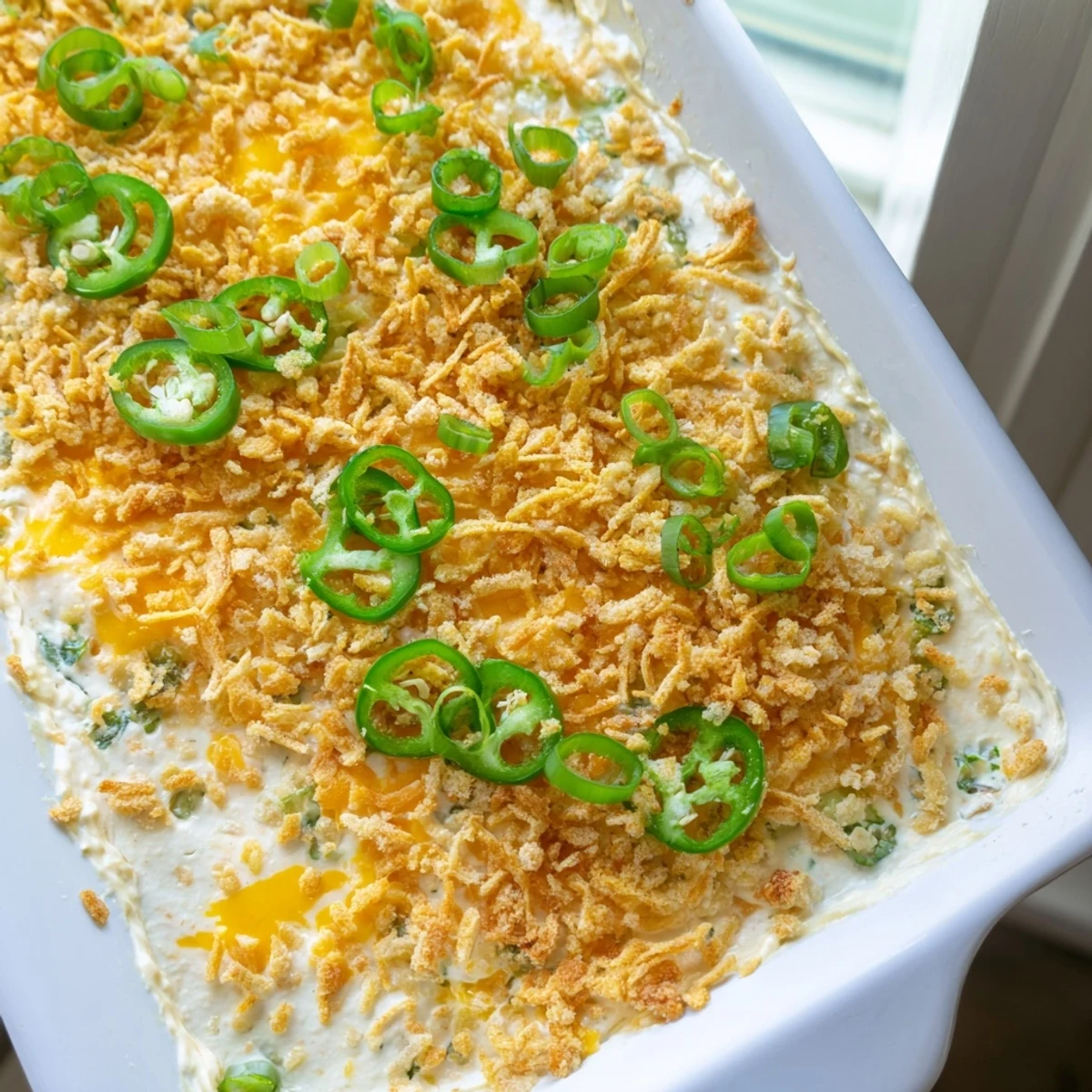 Golden baked Jalapeno Popper Dip bubbling in a dish with panko-Parmesan crust and fresh jalapeno slices on top.