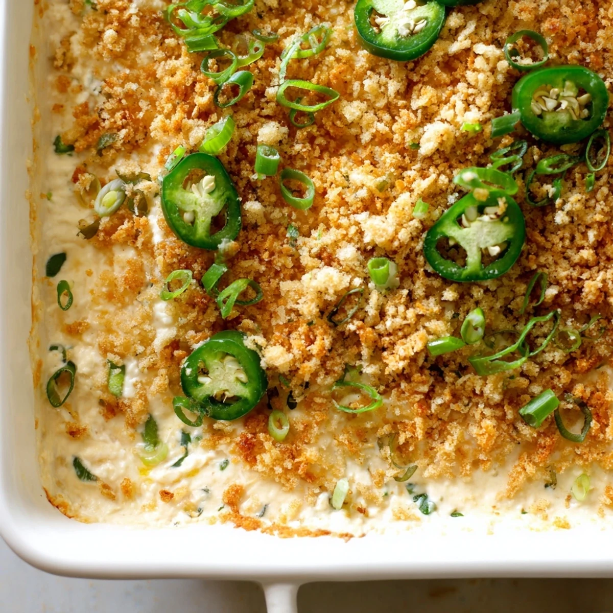 Cheesy baked Jalapeno Popper Dip in a casserole dish, garnished with jalapenos and ready to serve with crackers.