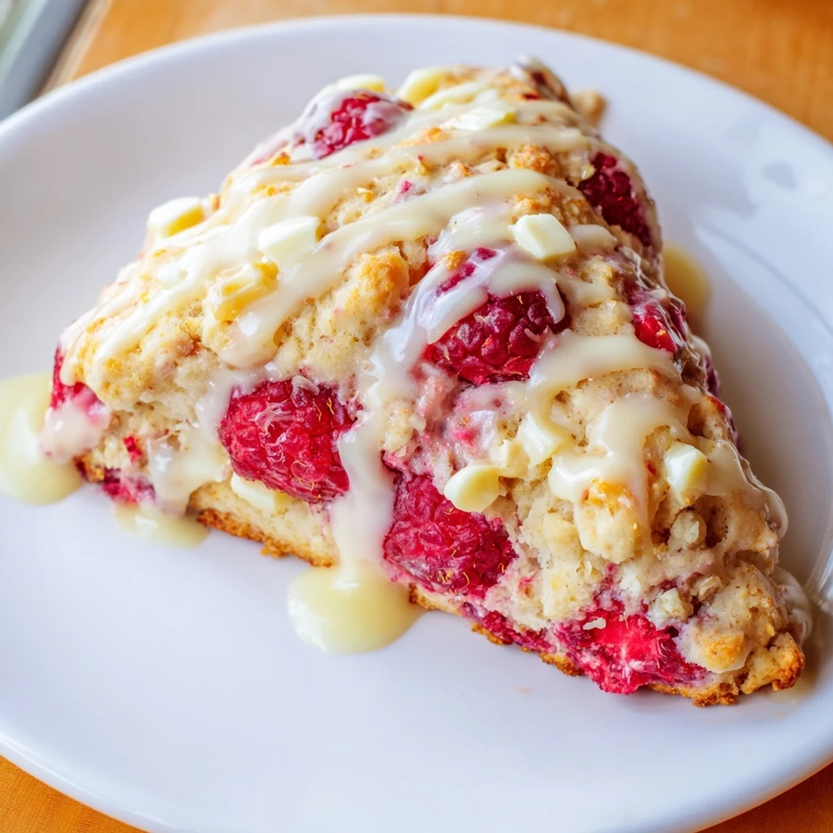 Freshly baked Raspberry White Chocolate Scones cooling on a wire rack, featuring a golden-brown crust and drizzled vanilla glaze.