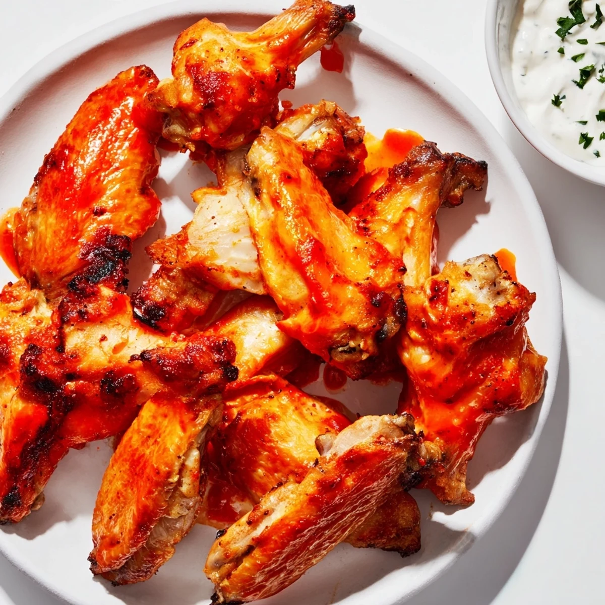 Golden-brown Spicy Chicken Wings with Ranch Dressing, garnished with fresh chives and served with carrot sticks.