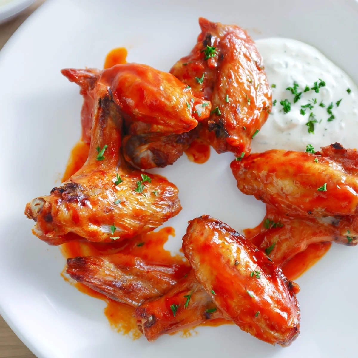 Crispy, oven-baked Spicy Chicken Wings with Ranch Dressing on a platter, ready for a game day snack.