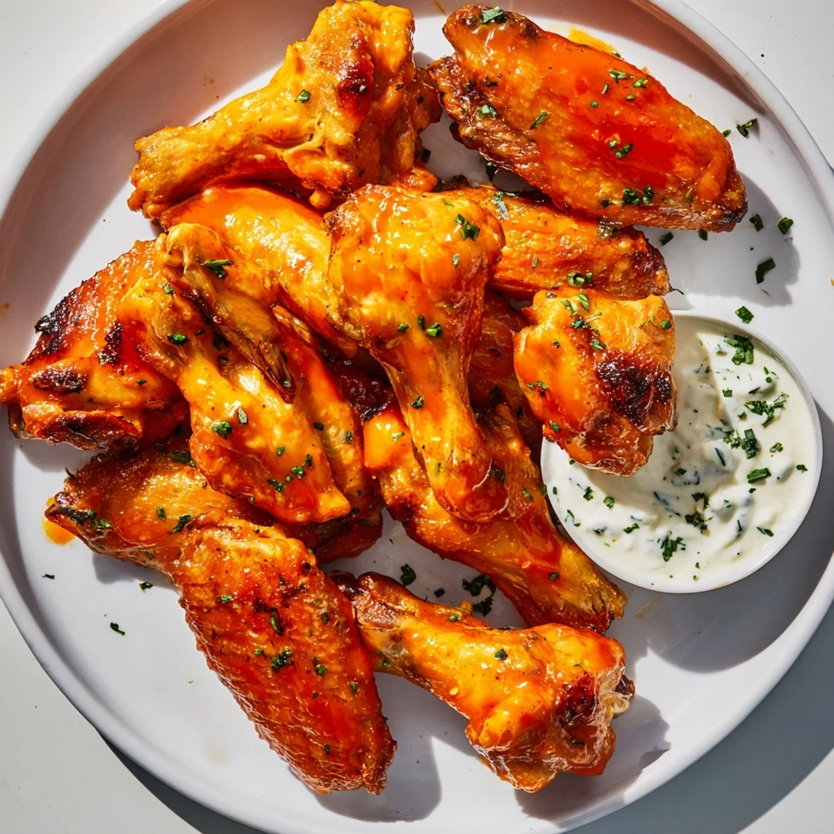 Close-up of Spicy Chicken Wings with Ranch Dressing showing a glaze of fiery sauce and a creamy dip.