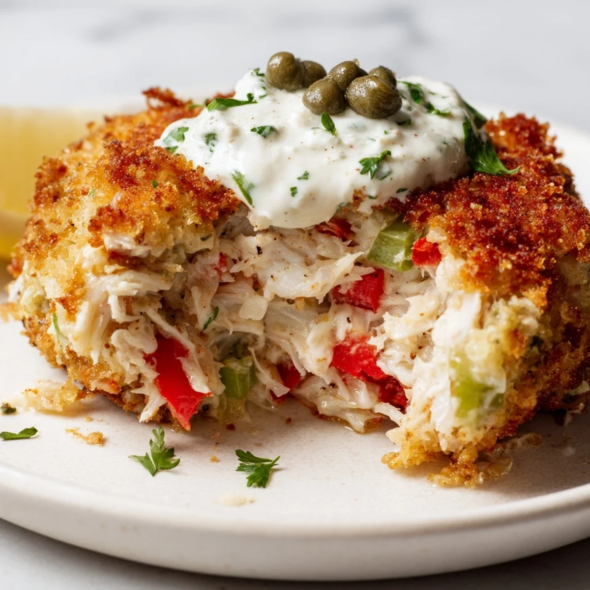 Freshly fried Cajun Crab Cakes with Remoulade Sauce served over a crisp green salad for dinner.