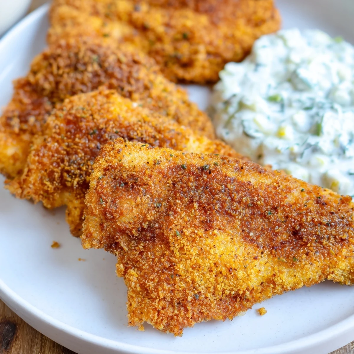 Golden-brown Louisiana Style Fried Catfish with Tartar Sauce on a plate, garnished with lemon wedges and fresh parsley.