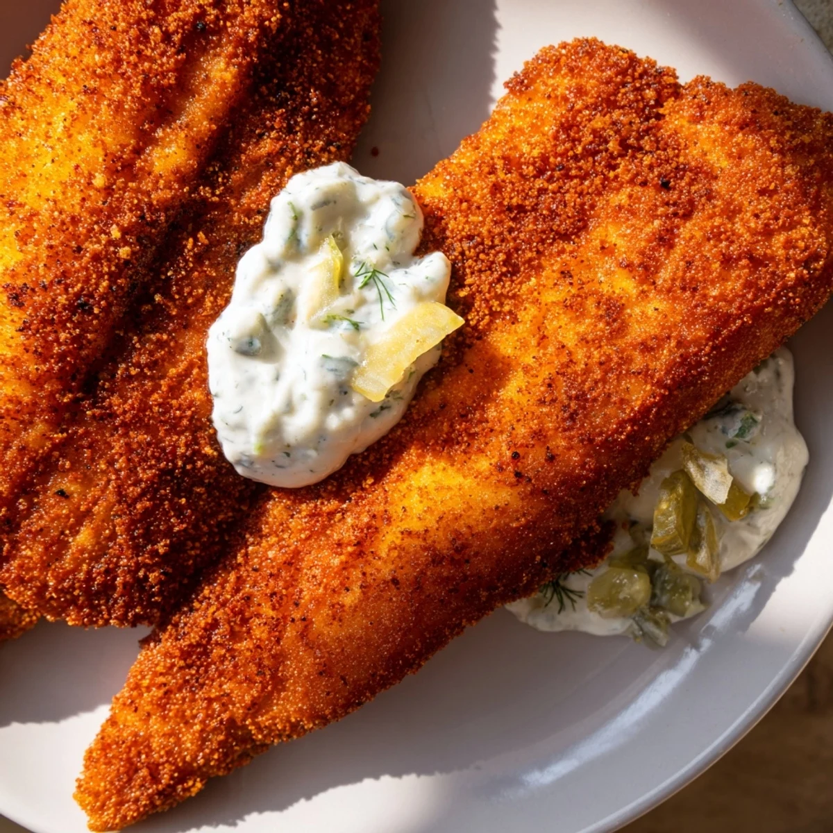 A close-up of crispy, cornmeal-crusted Louisiana Style Fried Catfish with Tartar Sauce beside creamy coleslaw.