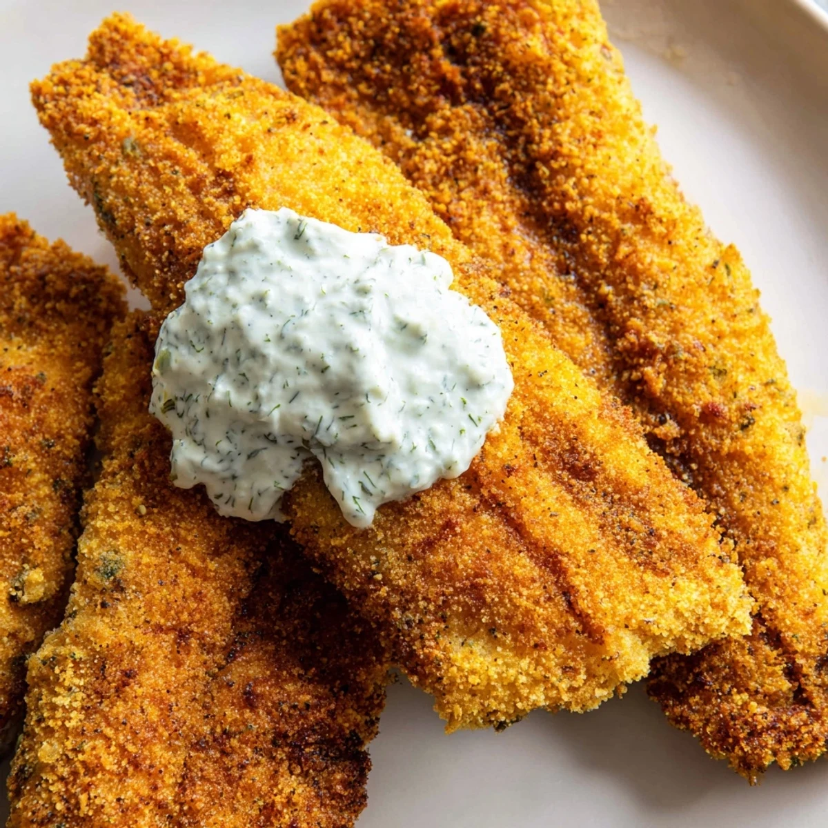 Freshly fried Louisiana Style Fried Catfish fillet topped with tartar sauce on a rustic wooden serving platter.