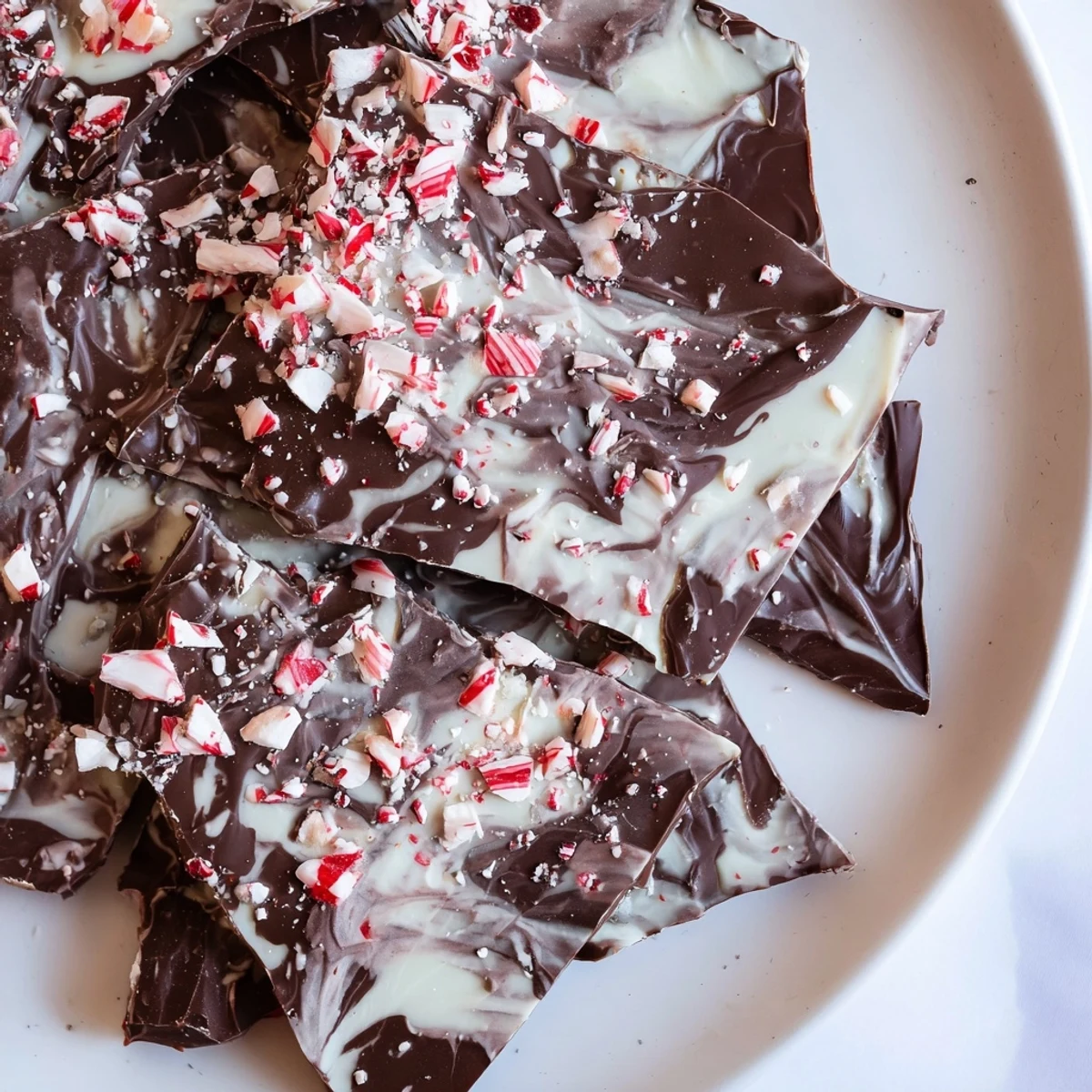 Close-up view shows the marbled texture of Mint Chocolate Bark with White Chocolate Swirls, highlighting the cool minty finish and crunchy candy topping.