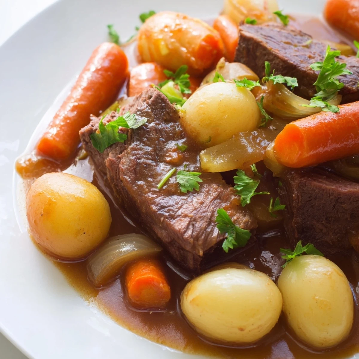 Golden-brown Irish Beef Pot Roast with Carrots and Potatoes stewing in a rich dark broth, served in a Dutch oven.