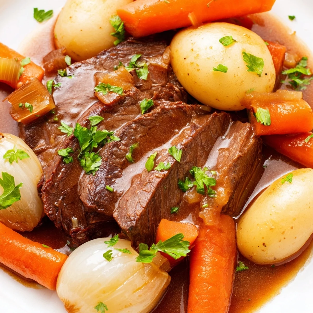 Tender shredded Irish Beef Pot Roast with Carrots and Potatoes beside glazed carrots and potatoes in a savory sauce.