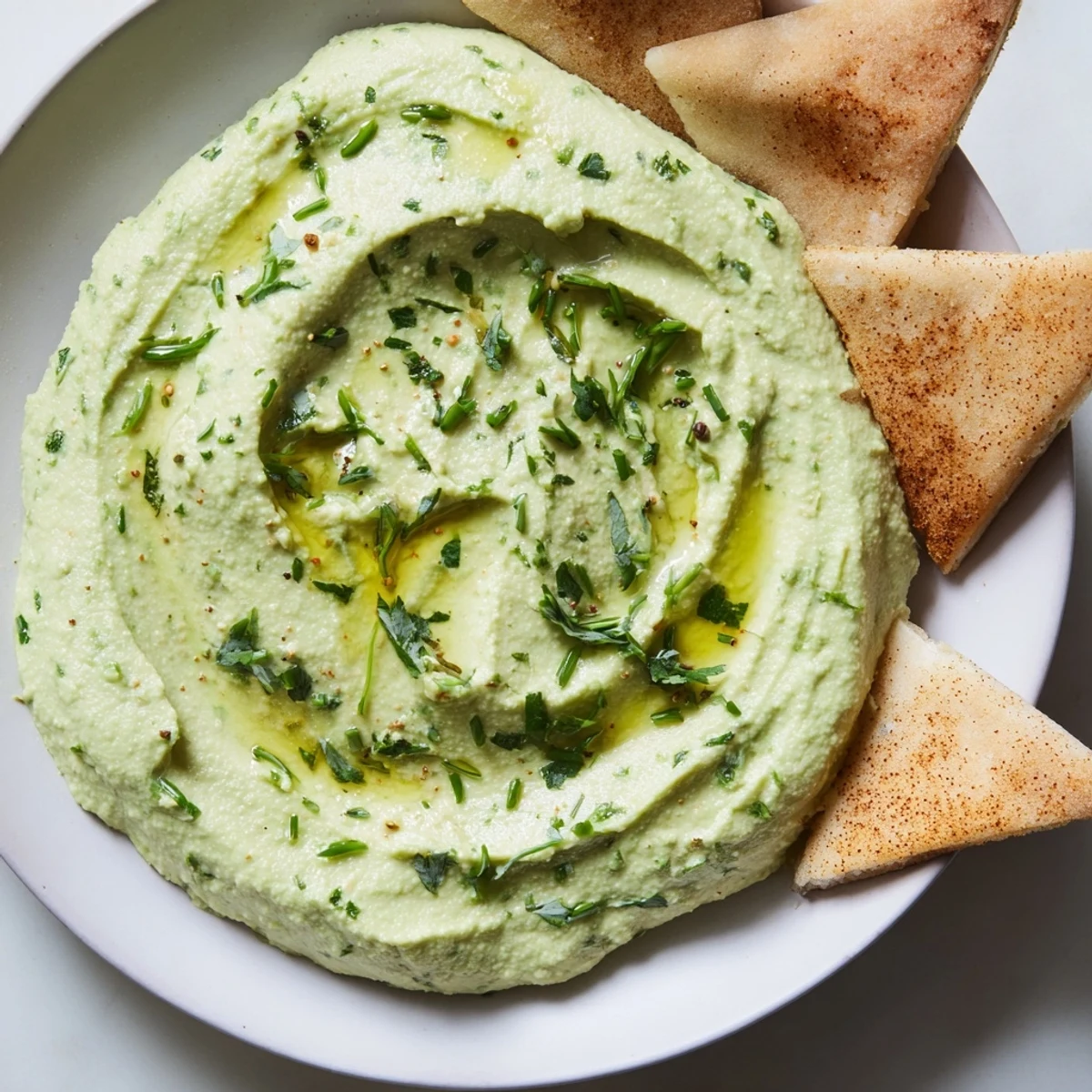 Green avocado hummus is served with golden homemade pita chips and lime wedges for dipping.
