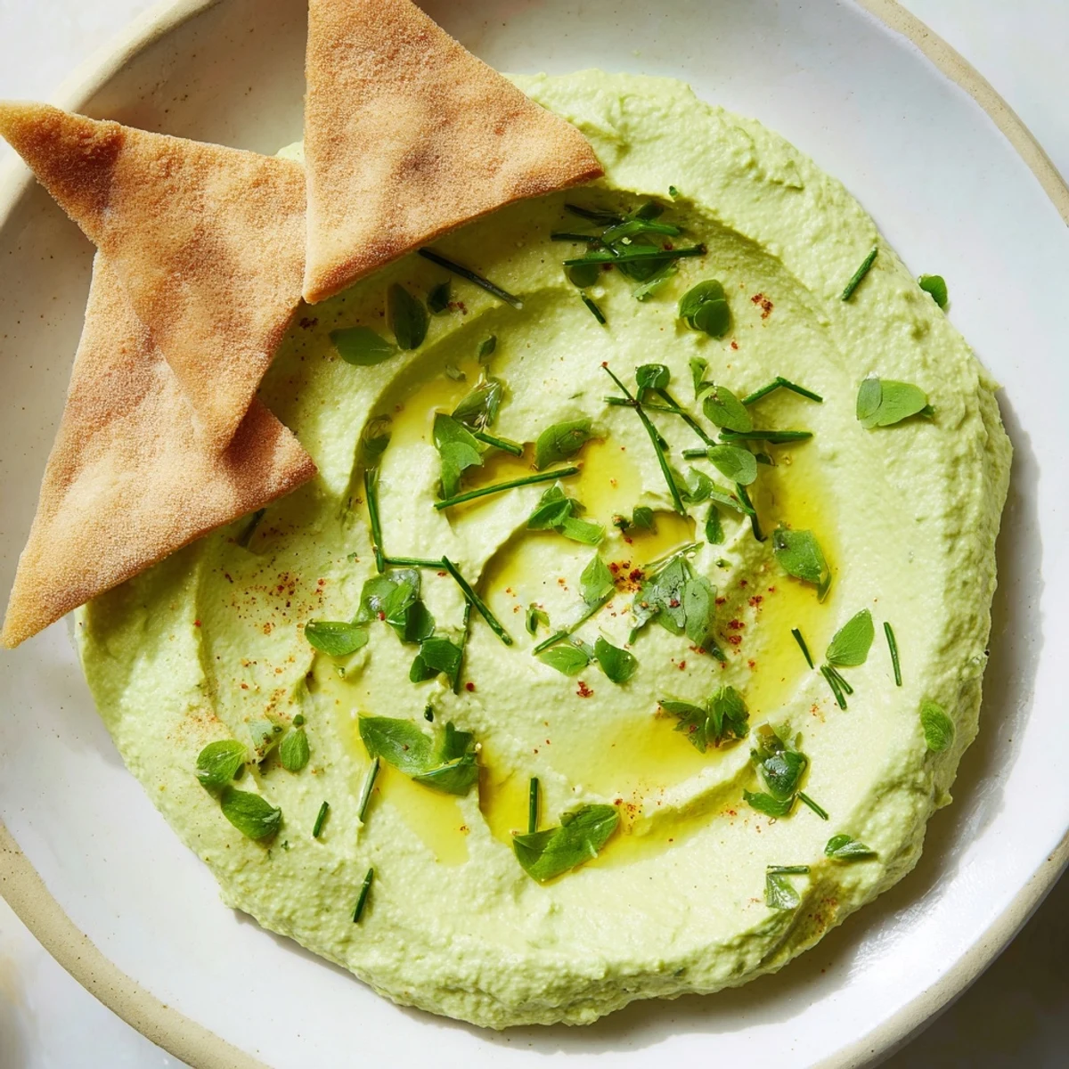 Creamy green avocado hummus with pita chips is garnished with olive oil and fresh herbs on a rustic plate.