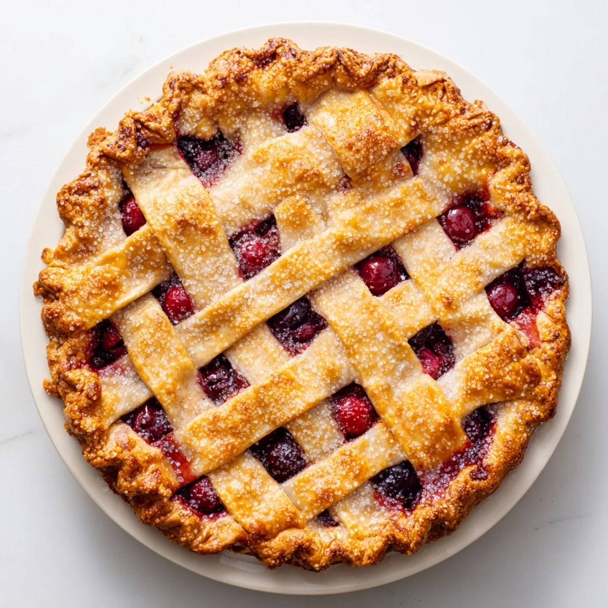 Close-up of a Cherry Pie with Lattice Crust and Sugar showing golden, flaky strips over bubbling red cherry filling.