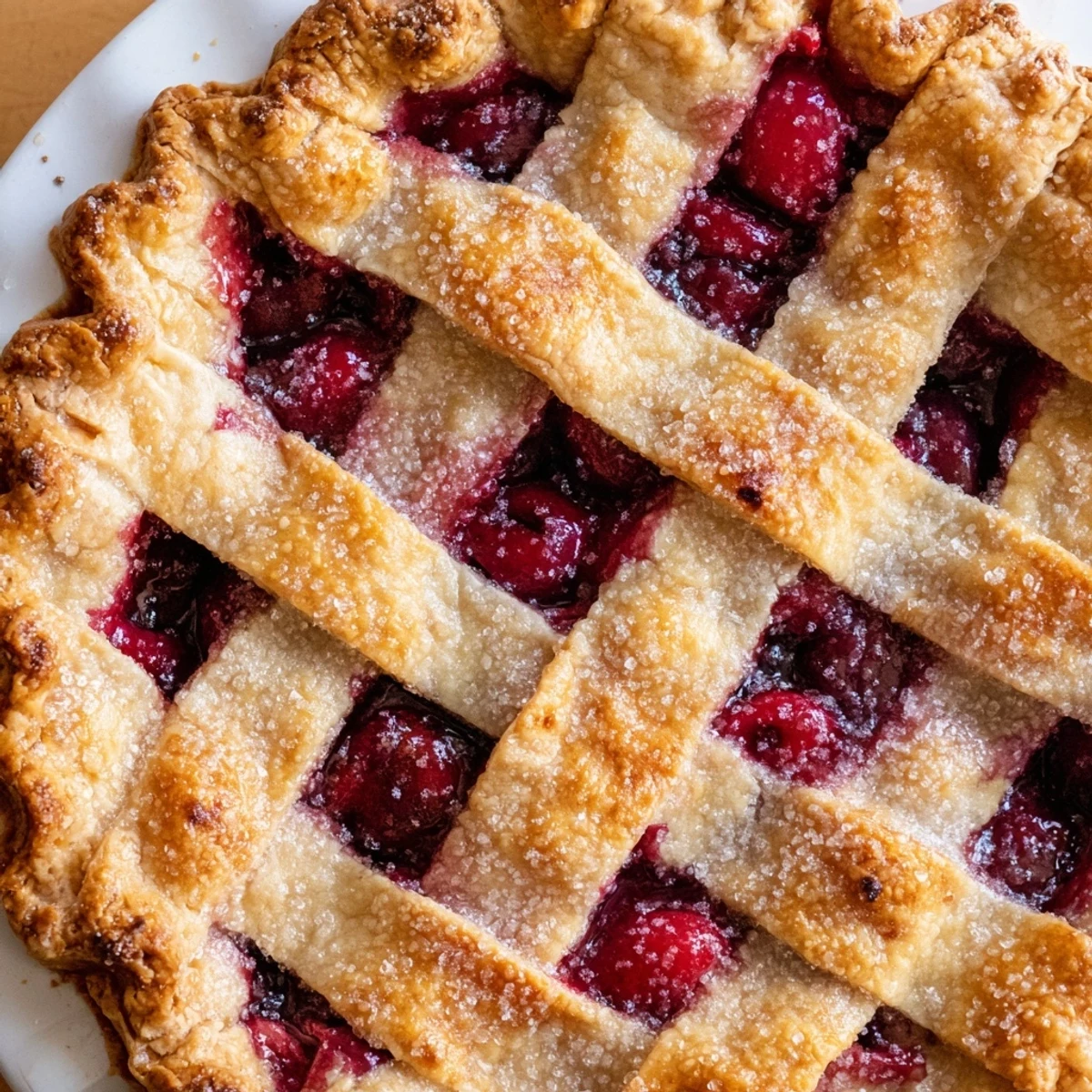 Glossy Cherry Pie with Lattice Crust and Sugar on a rustic table, ready for a Fourth of July gathering.