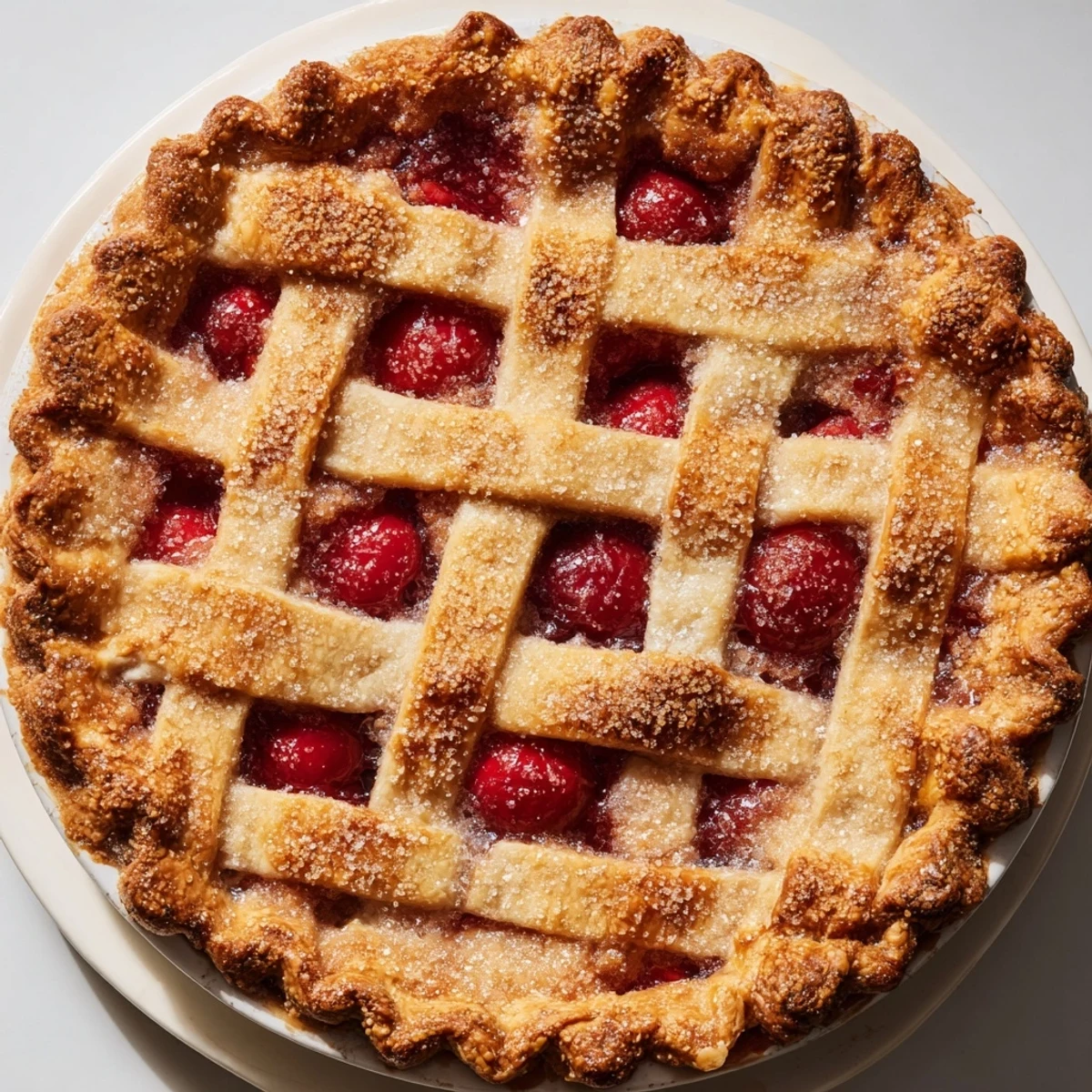 A freshly baked Cherry Pie with Lattice Crust and Sugar served warm with melting vanilla ice cream.