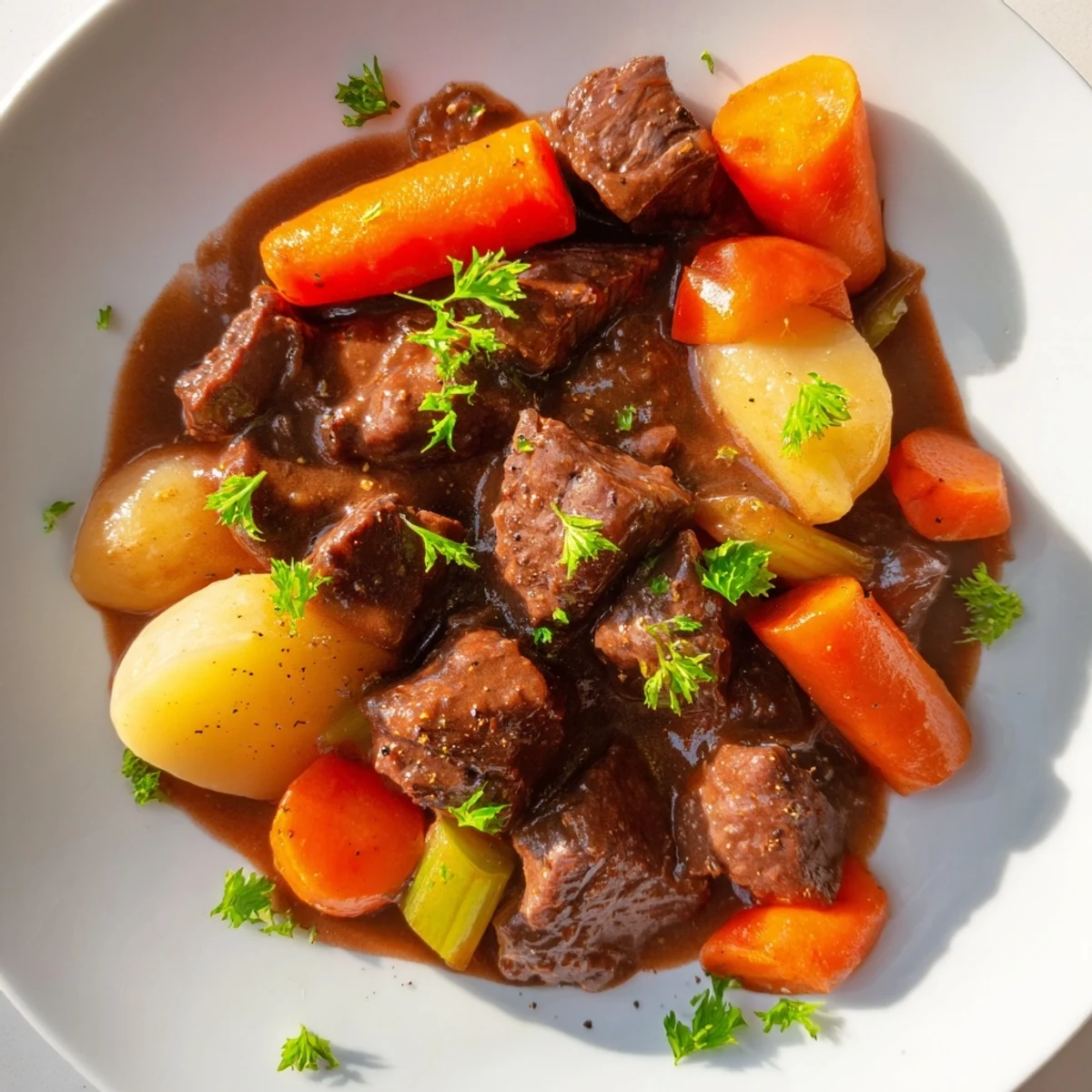 A close-up of Irish Beef Stew with Guinness-Style Alcohol-Free Sauce, featuring tender beef chunks and rich, dark gravy in a rustic pot.