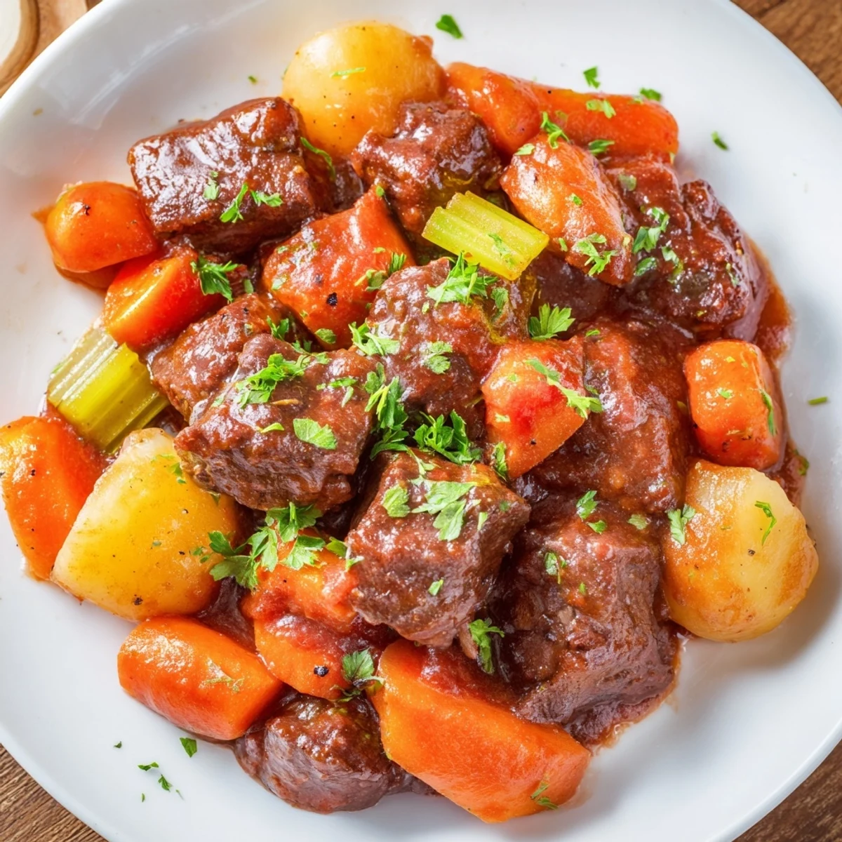 Irish Beef Stew with Guinness-Style Alcohol-Free Sauce, a hearty bowl of root vegetables and savory broth, ready to serve with crusty bread.