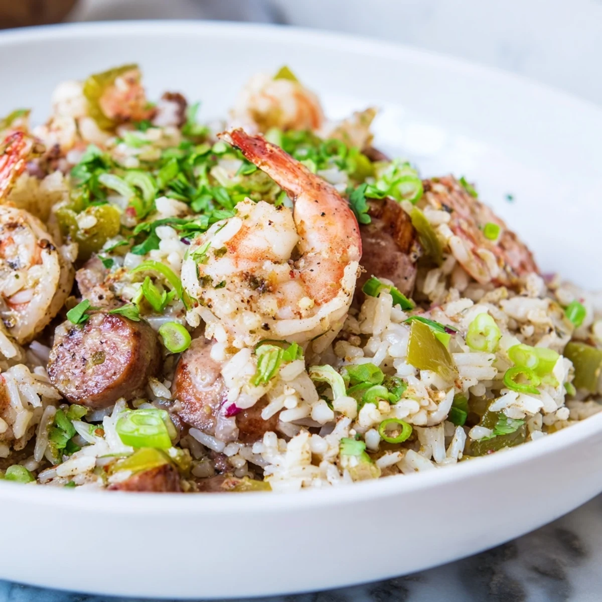 A close-up of Spicy Jambalaya with Shrimp and Turkey Sausage, featuring plump pink shrimp and smoky sausage nestled in seasoned rice.