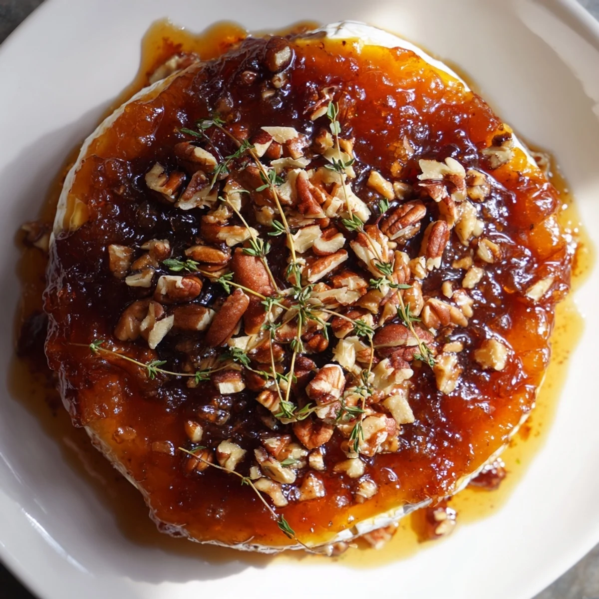Golden baked Brie topped with sweet apricot preserves and crunchy pecans, served hot from the oven with crackers.