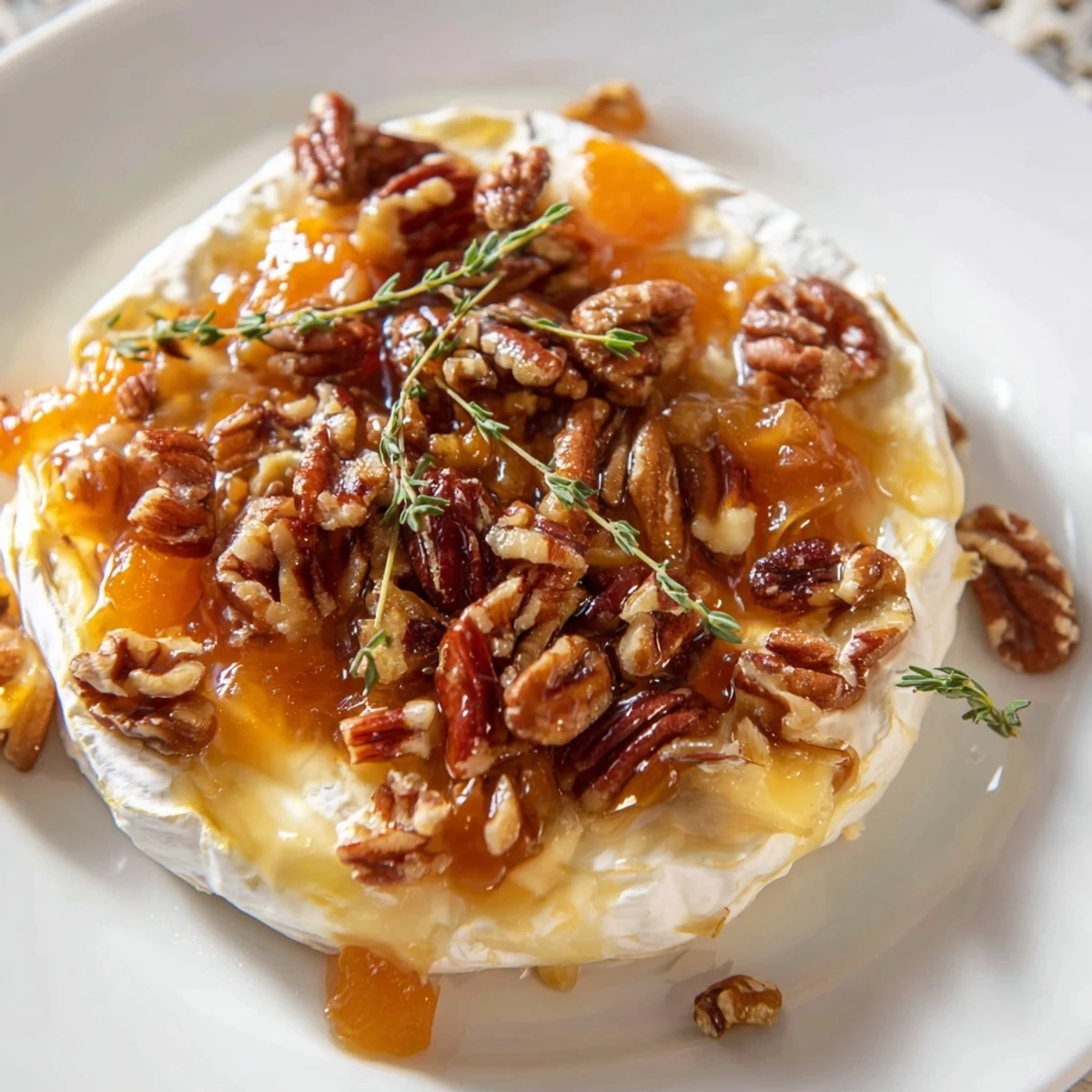 Decadent baked Brie wheel with apricot preserves and pecans, paired with crackers for an easy vegetarian party appetizer.