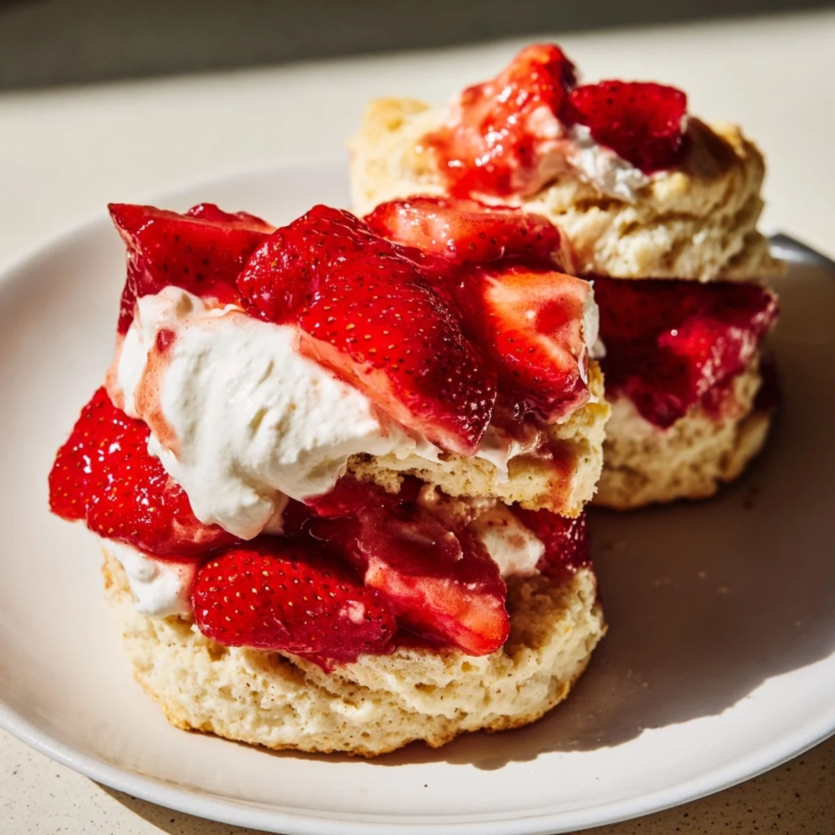 Freshly baked, flaky biscuits are split and layered with sweet, juicy macerated strawberries and a generous dollop of homemade whipped cream.  