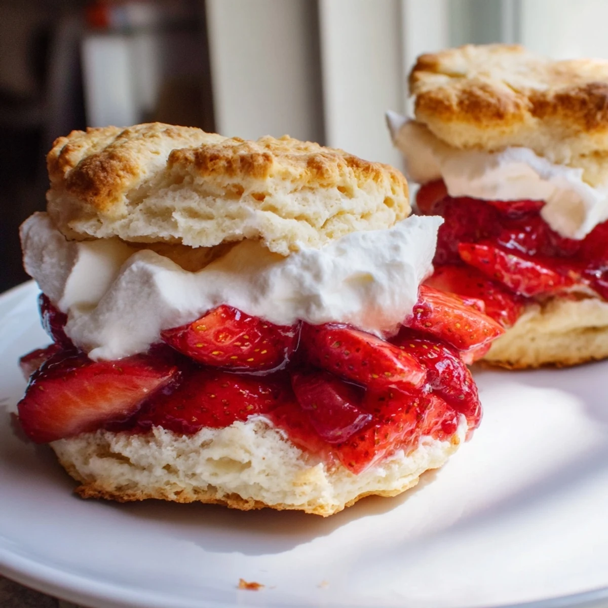 A close-up view of Strawberry Shortcake with Homemade Biscuits, featuring golden biscuits and vibrant red strawberries dripping with sweet syrup.  
