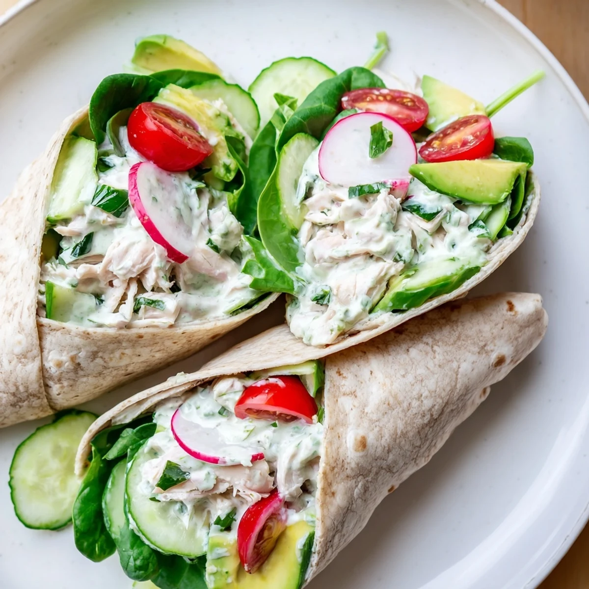 Fresh Green Goddess Chicken Salad Wraps filled with shredded chicken, crisp cucumber, and ripe avocado slices.