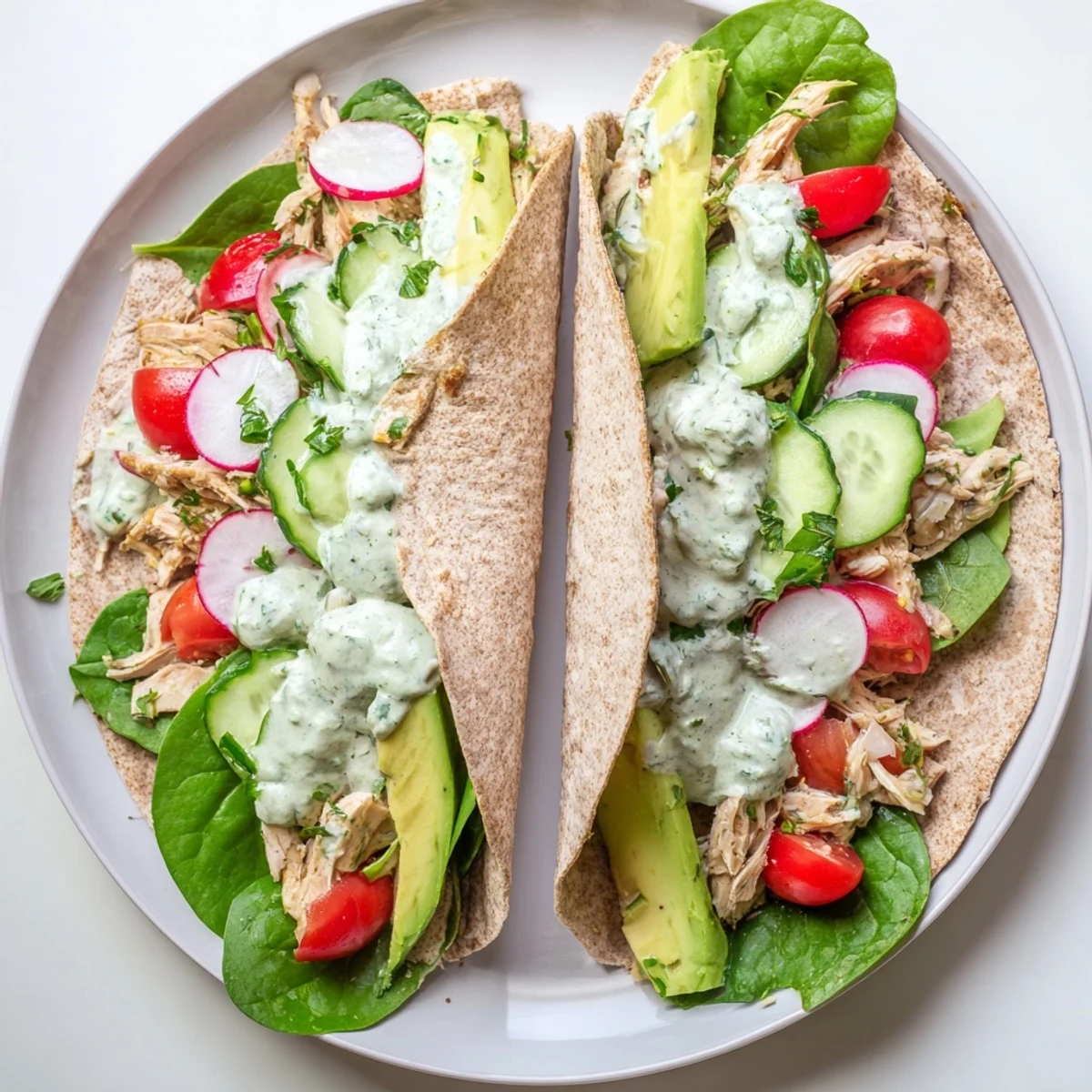A vibrant lunch of Green Goddess Chicken Salad Wraps, sliced to reveal layers of tender chicken and bright vegetables.