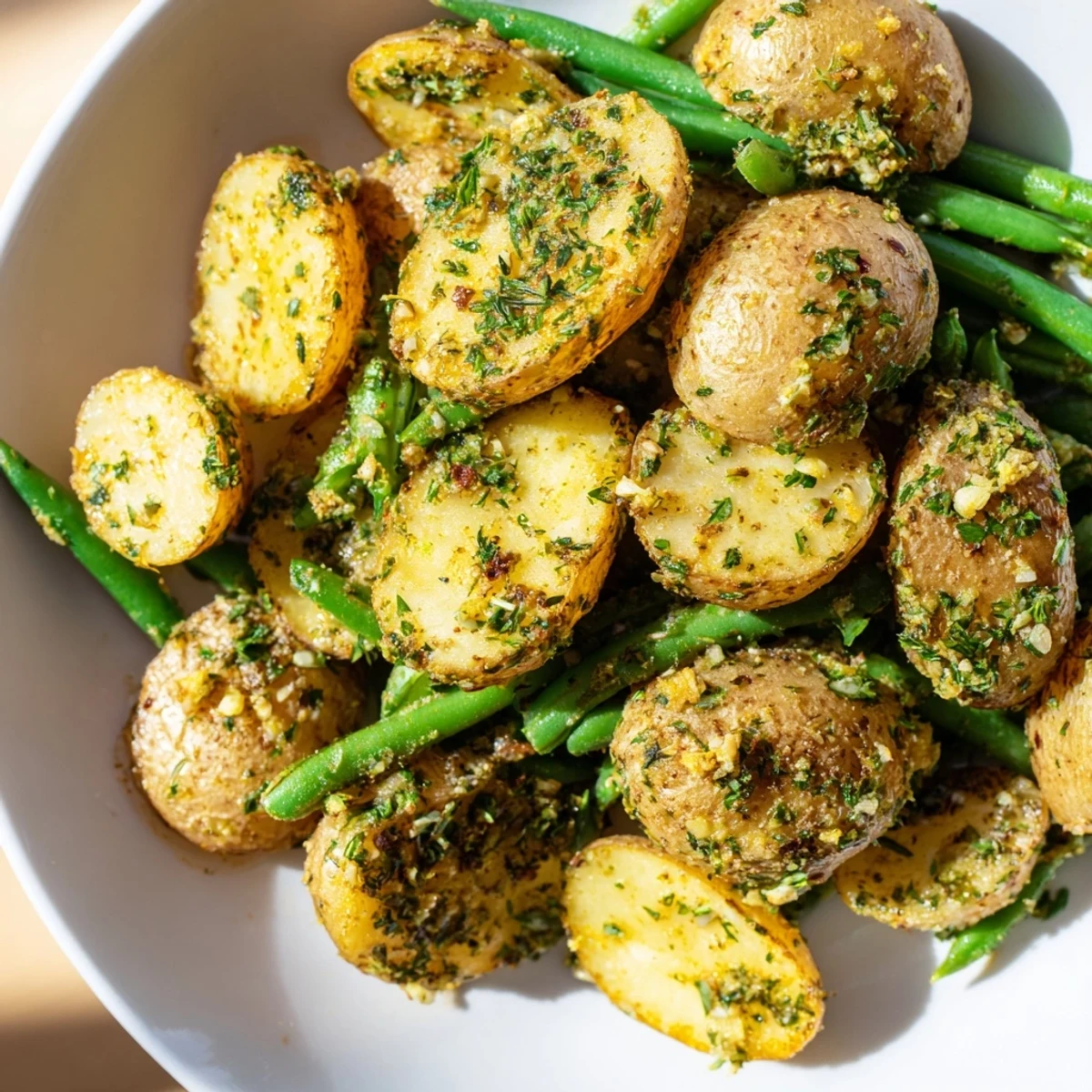 Golden-brown Garlic Herb Roasted Potatoes and Green Beans rest on a tray, garnished with fresh parsley.  