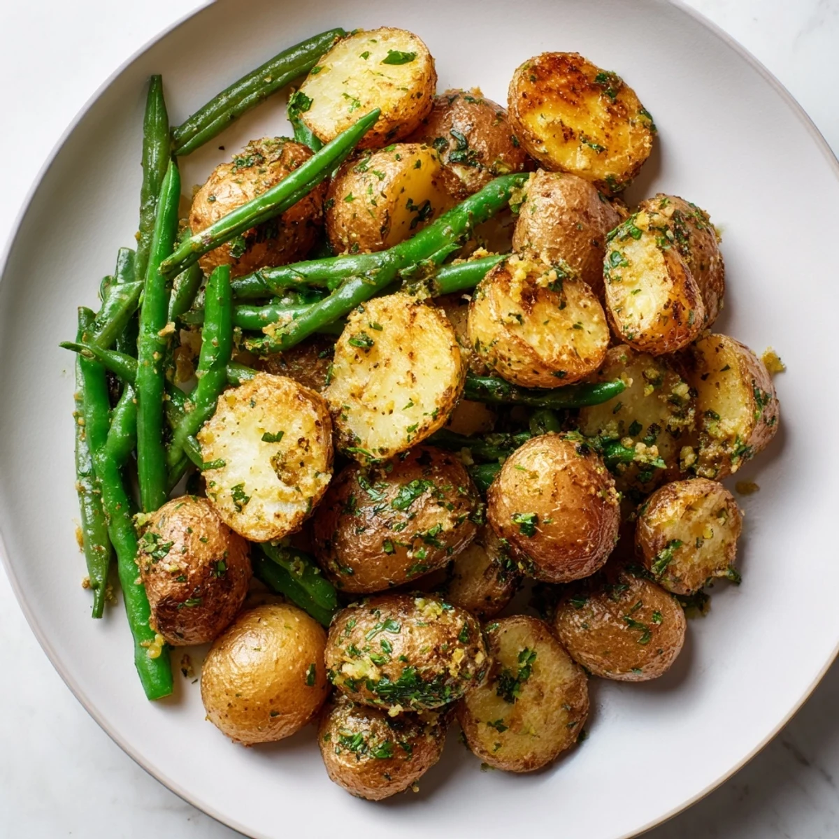 Fork-tender potatoes and crisp green beans tossed with minced garlic and fragrant fresh herbs.  