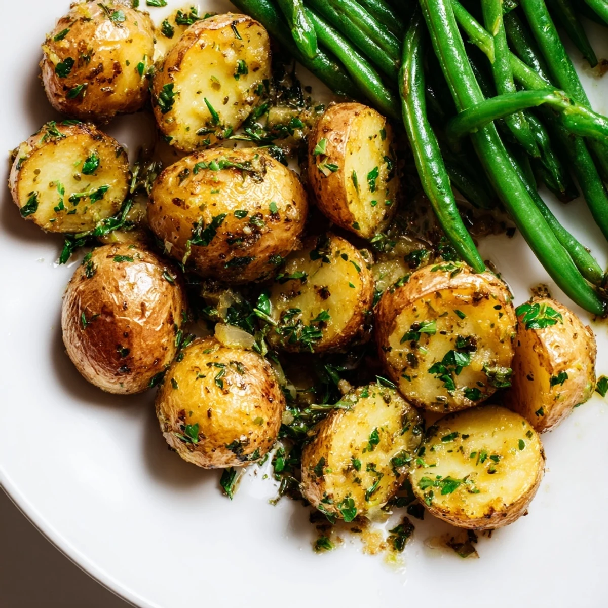 A vibrant, oven-roasted side dish of Garlic Herb Roasted Potatoes and Green Beans, perfect for dinner.