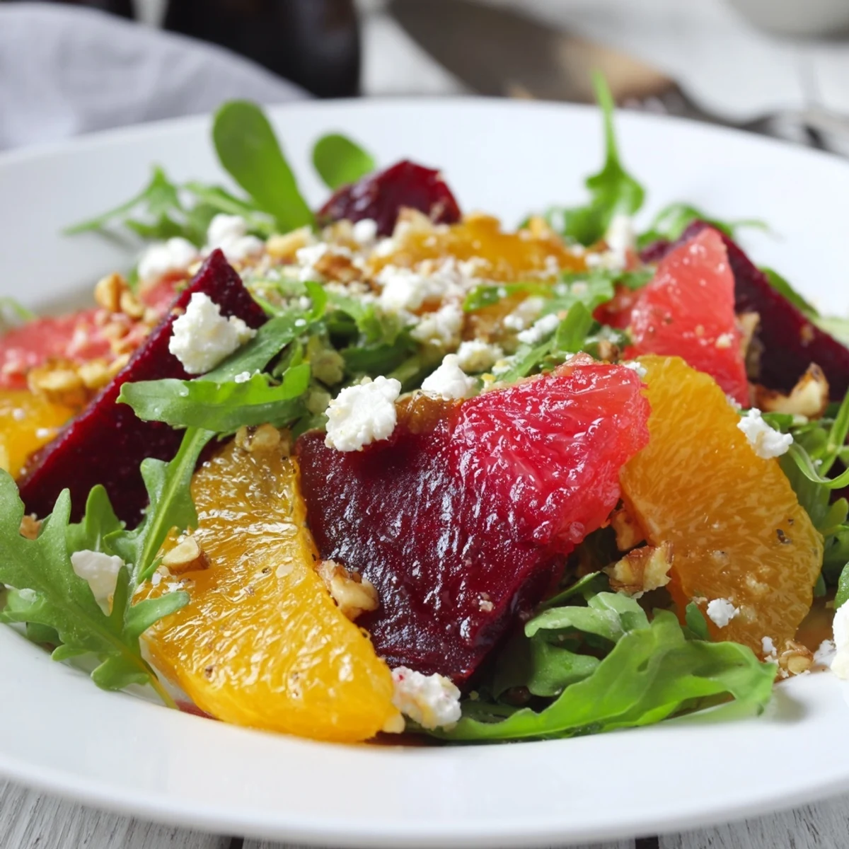 Tossed arugula cradles sweet roasted beets and bright citrus in this colorful Roasted Beet and Citrus Salad with Arugula, perfect for a light lunch.