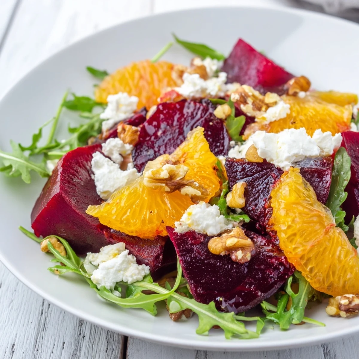 Glistening with a zesty vinaigrette, this Roasted Beet and Citrus Salad with Arugula is topped with creamy goat cheese crumbles and crunchy toasted walnuts.