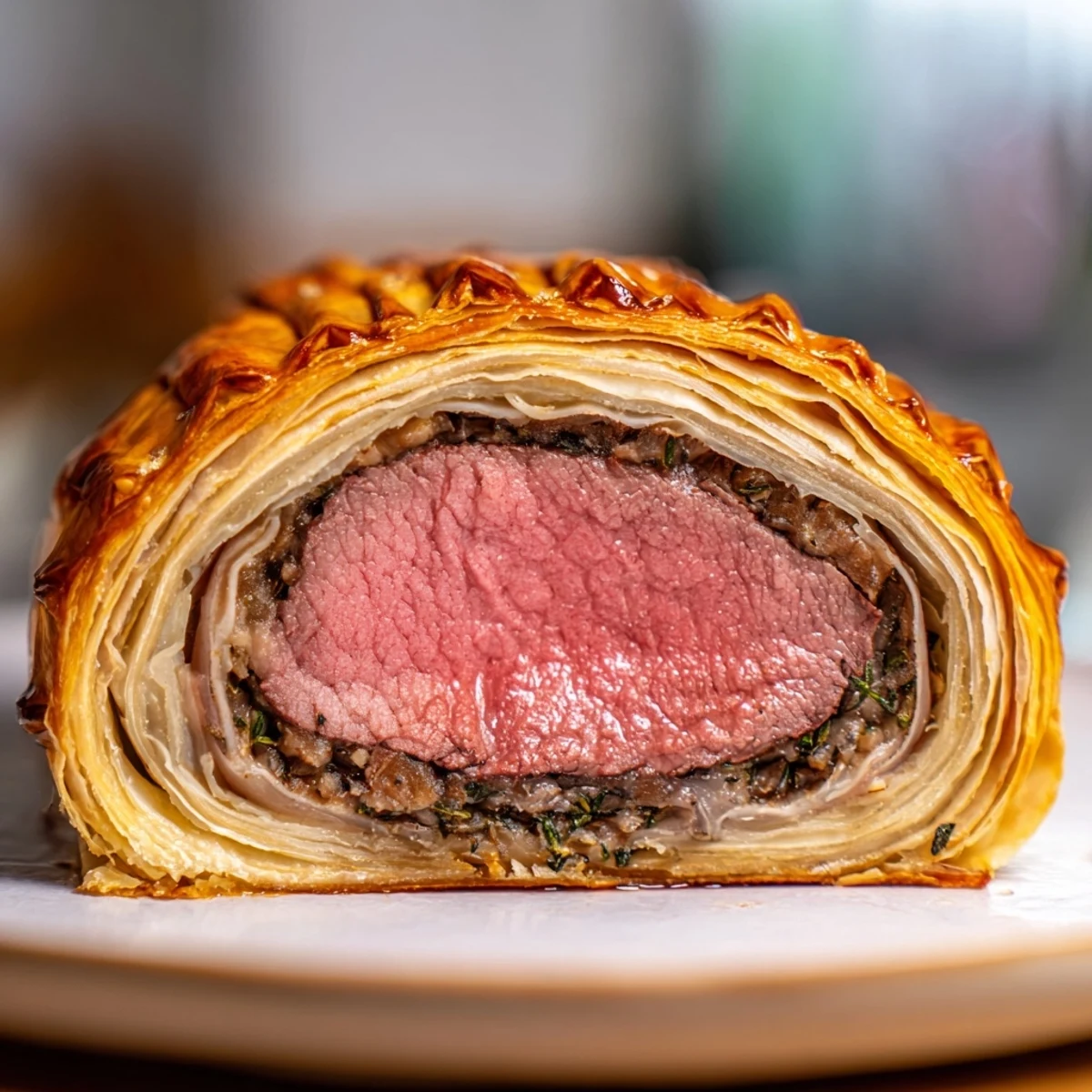 Perfectly golden, flaky puff pastry wraps a tender beef fillet and savory mushroom duxelles in this classic Beef Wellington.