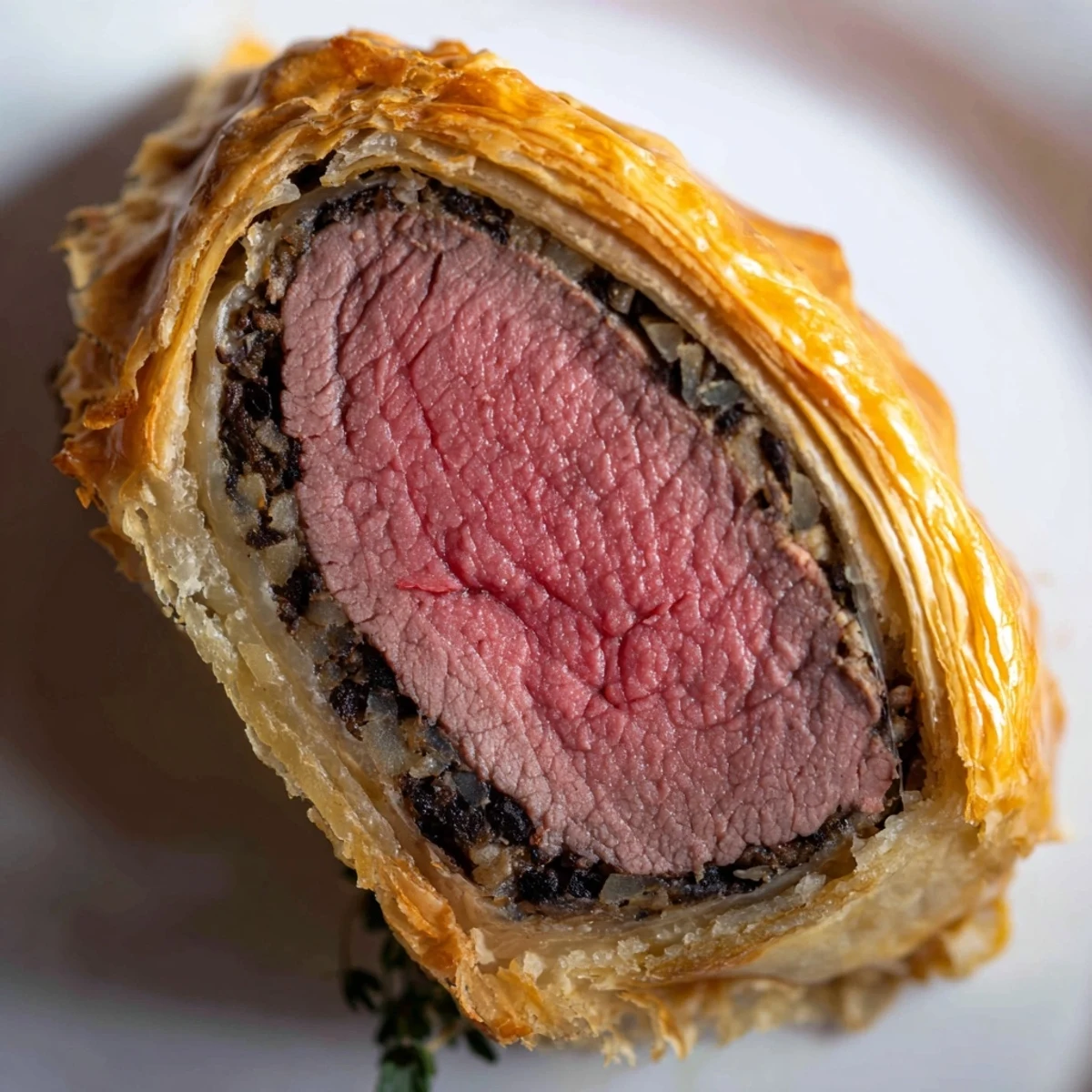 Sliced Beef Wellington reveals a juicy pink center, served with Dijon mustard for a delicious dinner.