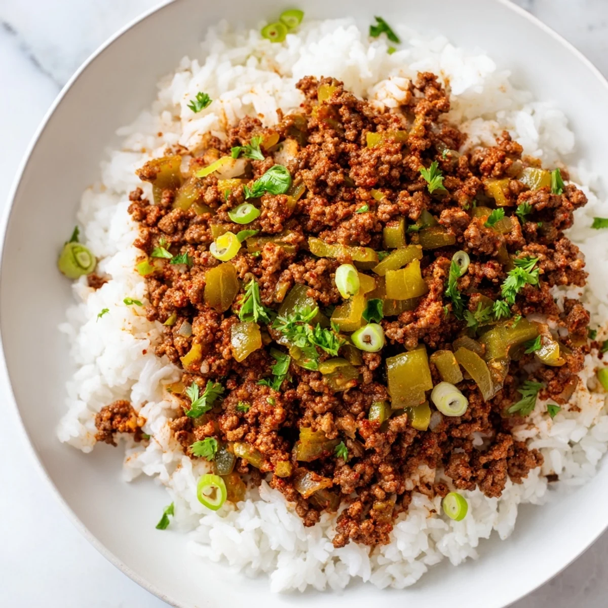 A close-up of Cajun Dirty Rice with Ground Beef, featuring tender rice, browned beef, and vibrant diced peppers and onions garnished with fresh parsley.