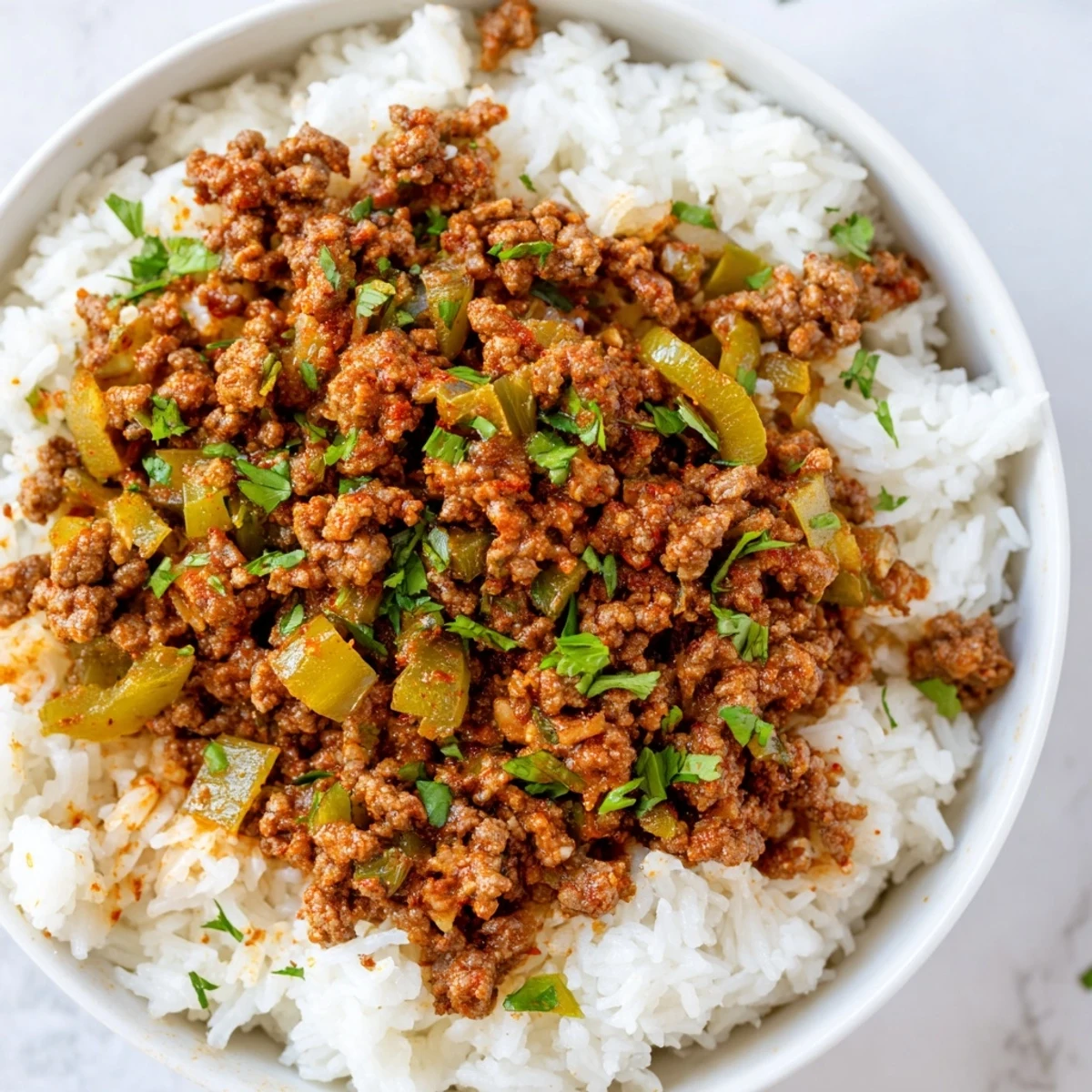 In a rustic skillet, Cajun Dirty Rice with Ground Beef steams with savory spices, garnished with green spring onions for a hearty Southern dinner.