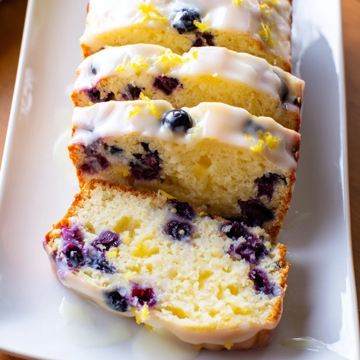 A freshly baked Lemon Blueberry Yogurt Loaf Cake with a golden crust and lemon glaze, bursting with juicy blueberries and served sliced on a rustic wooden board.