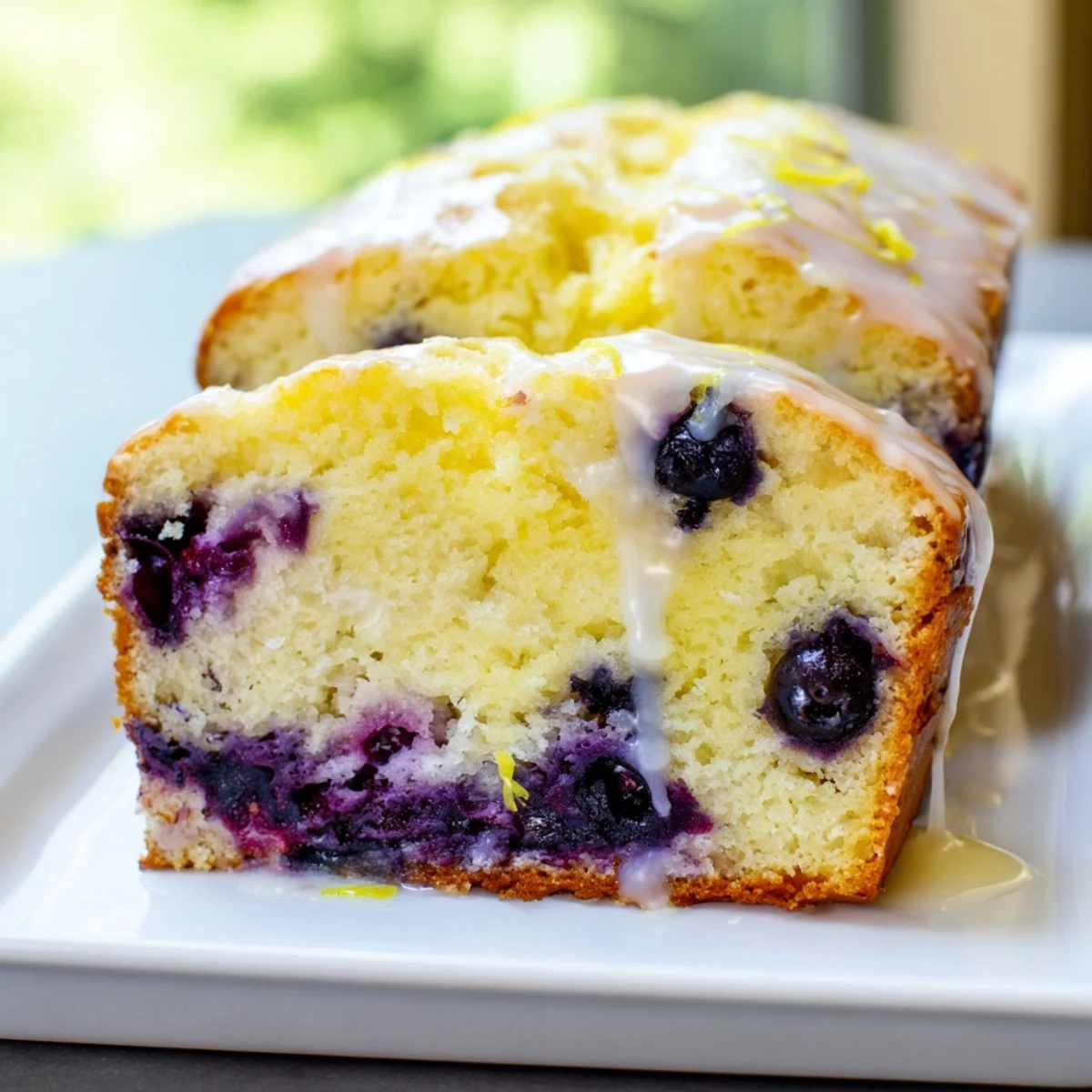 Sliced pieces of Lemon Blueberry Yogurt Loaf Cake reveal moist crumb texture with blueberries and bright lemon zest, ready for a breakfast or dessert plate.